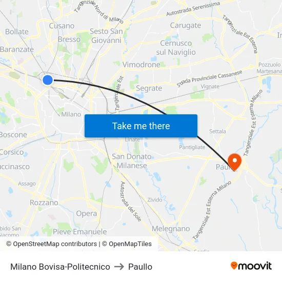 Milan Bovisa-Polytechnic to Paullo map