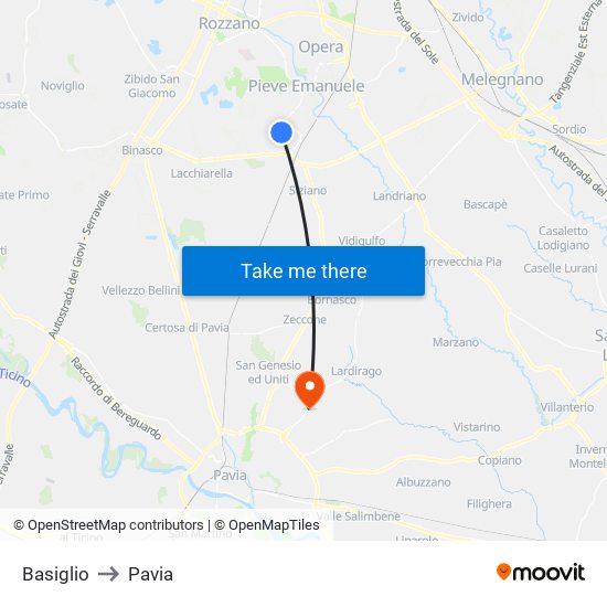 Basiglio to Pavia map