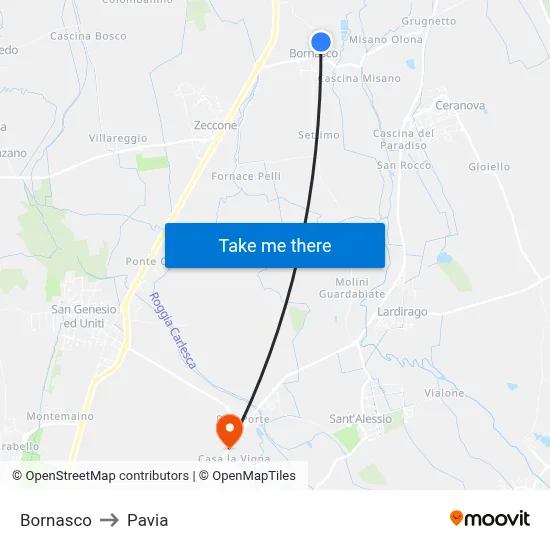 Bornasco to Pavia map