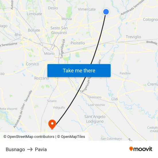 Busnago to Pavia map