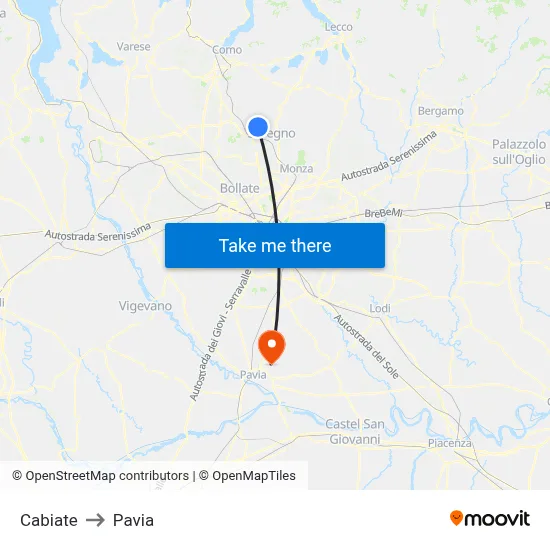 Cabiate to Pavia map
