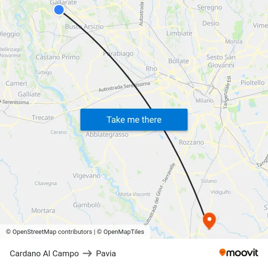 Cardano al Campo to Pavia map