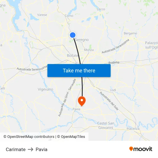 Carimate to Pavia map