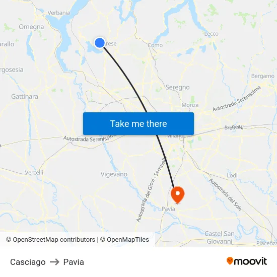 Casciago to Pavia map