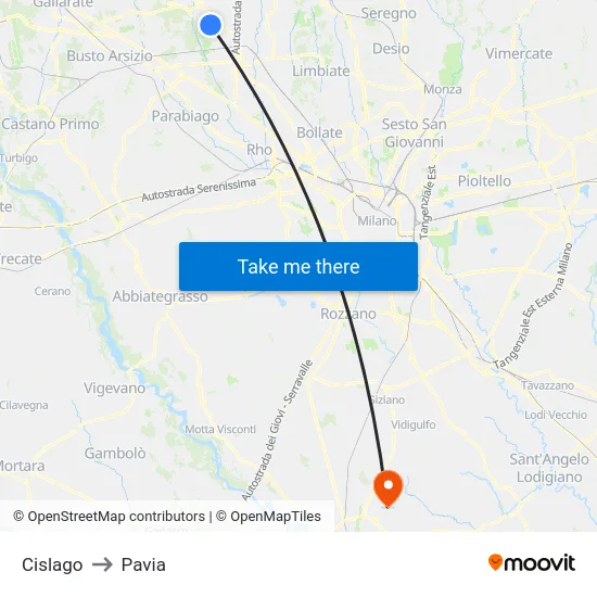 Cislago to Pavia map