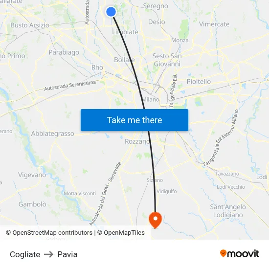 Cogliate to Pavia map