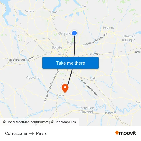 Correzzana to Pavia map