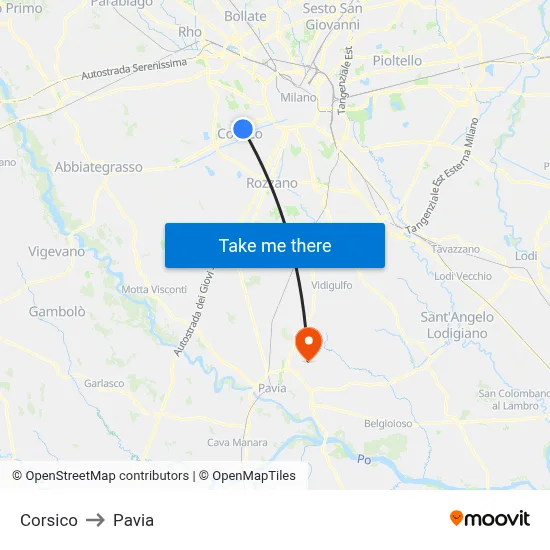 Corsico to Pavia map
