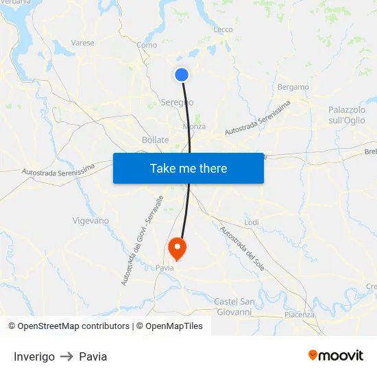 Inverigo to Pavia map