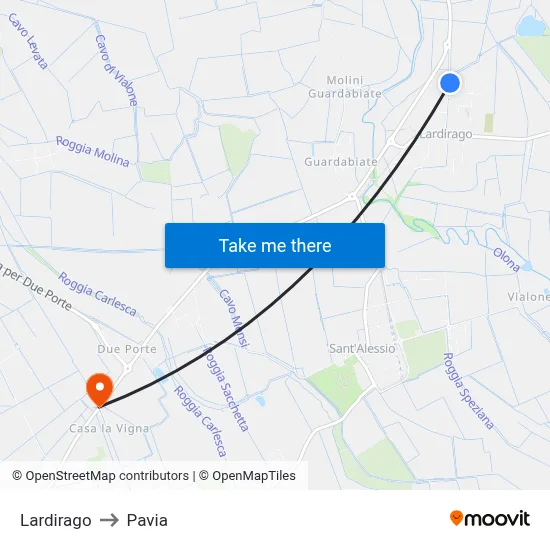Lardirago to Pavia map
