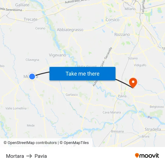 Mortara to Pavia map