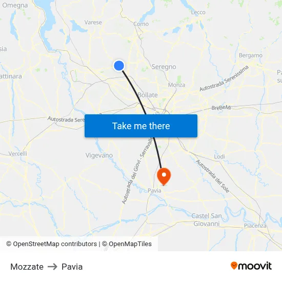 Mozzate to Pavia map