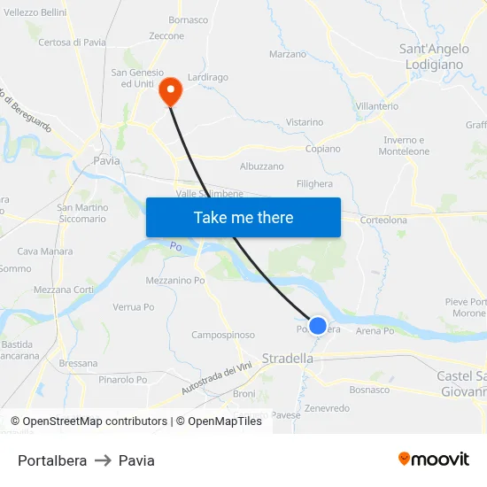 Portalbera to Pavia map