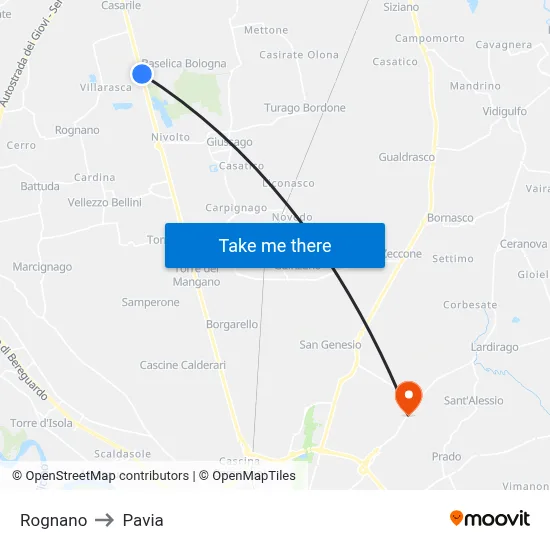 Rognano to Pavia map