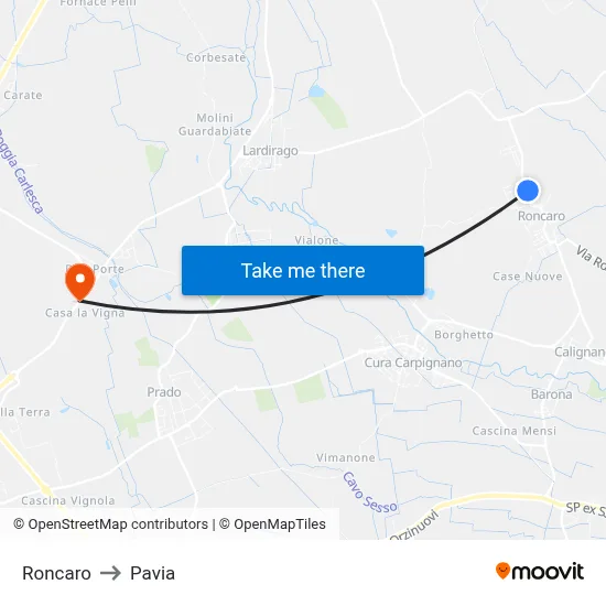 Roncaro to Pavia map