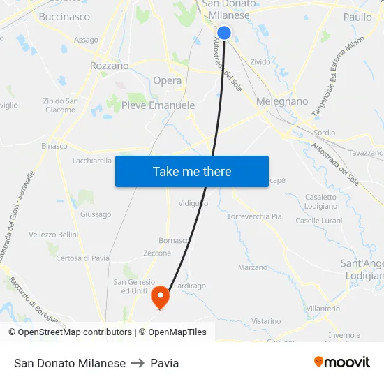 San Donato Milanese to Pavia map