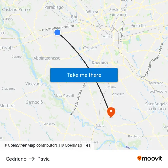Sedriano to Pavia map