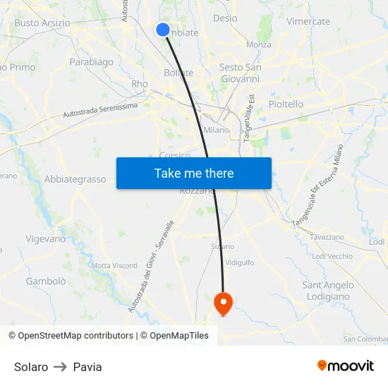 Solaro to Pavia map