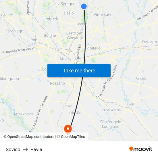 Sovico to Pavia map