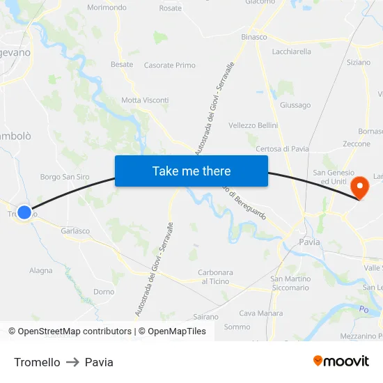 Tromello to Pavia map