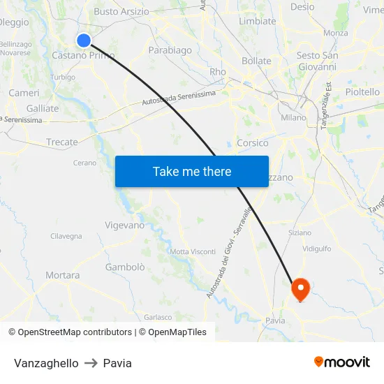 Vanzaghello to Pavia map