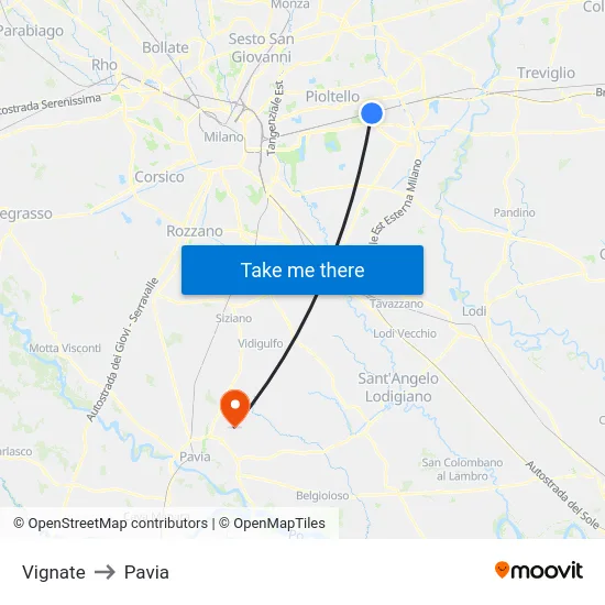Vignate to Pavia map