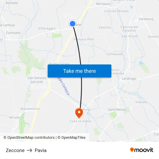 Zeccone to Pavia map