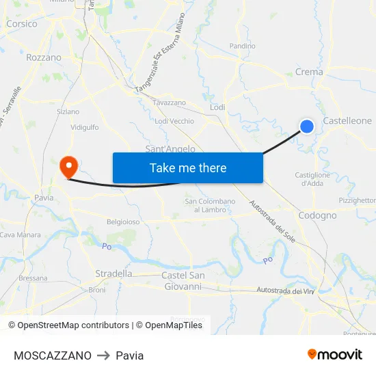 Moscazzano to Pavia map