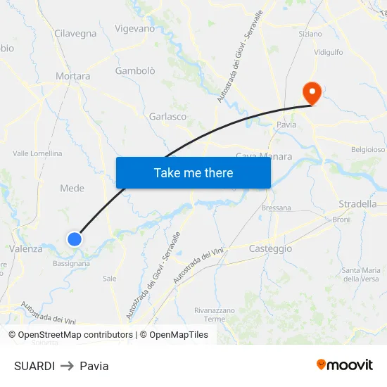 Suardi to Pavia map