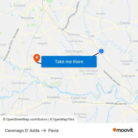 Cavenago D' Adda to Pavia map