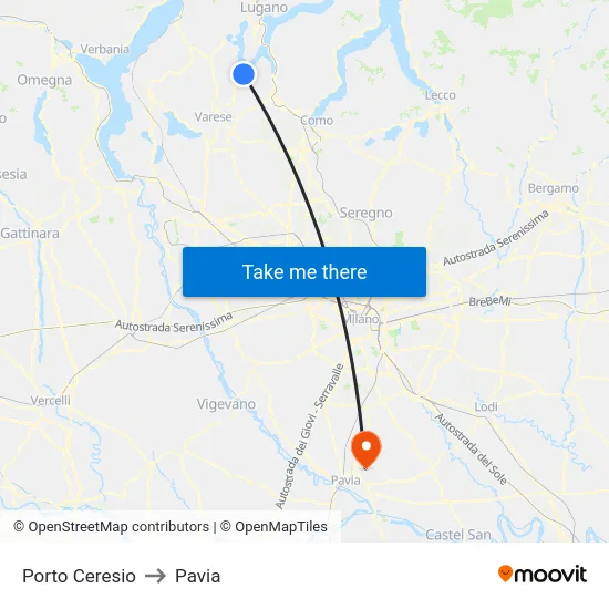 Porto Ceresio to Pavia map