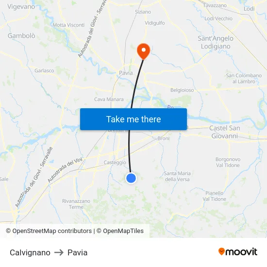 Calvignano to Pavia map