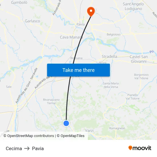 Cecima to Pavia map
