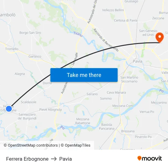 Ferrera Erbognone to Pavia map