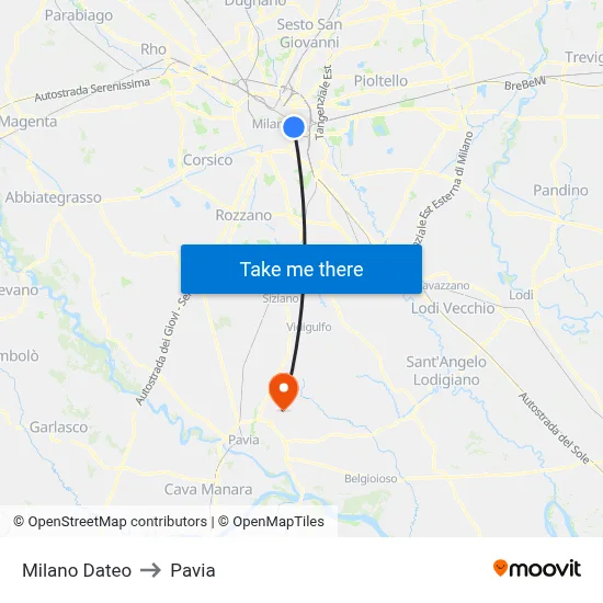 Milan Dateo to Pavia map