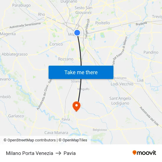 Milan Porta Venezia to Pavia map