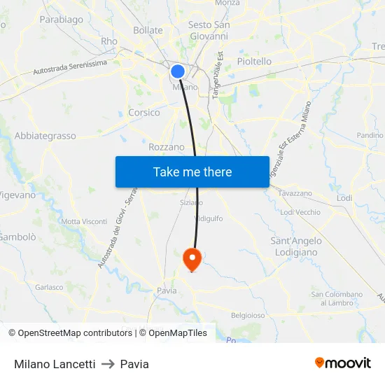 Milano Lancetti to Pavia map