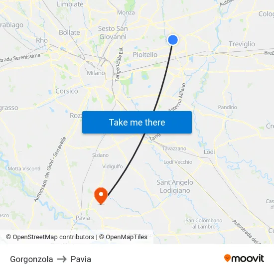 Gorgonzola to Pavia map