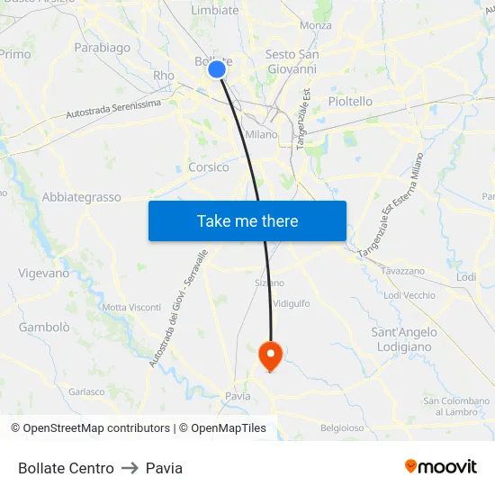 Bollate Centro to Pavia map