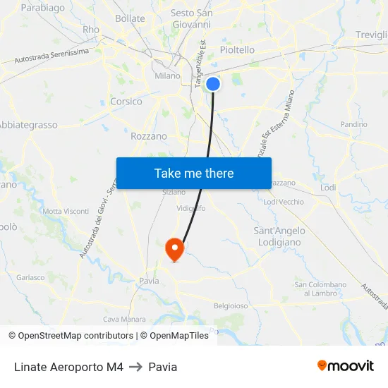Linate Airport M4 to Pavia map