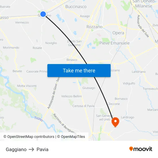 Gaggiano to Pavia map