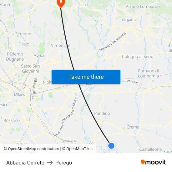 Abbadia Cerreto to Perego map