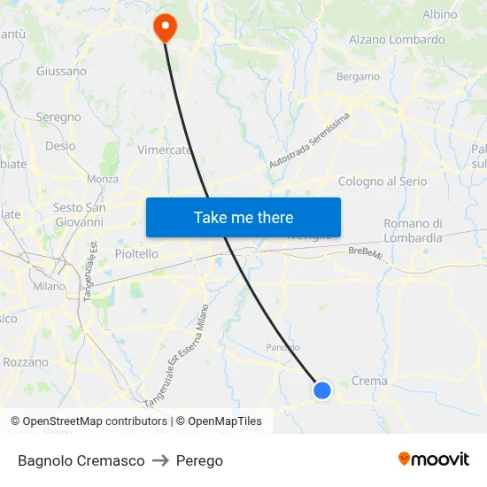 Bagnolo Cremasco to Perego map