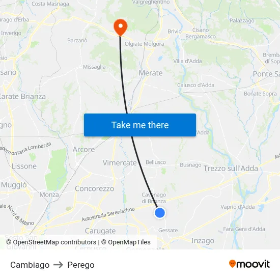 Cambiago to Perego map