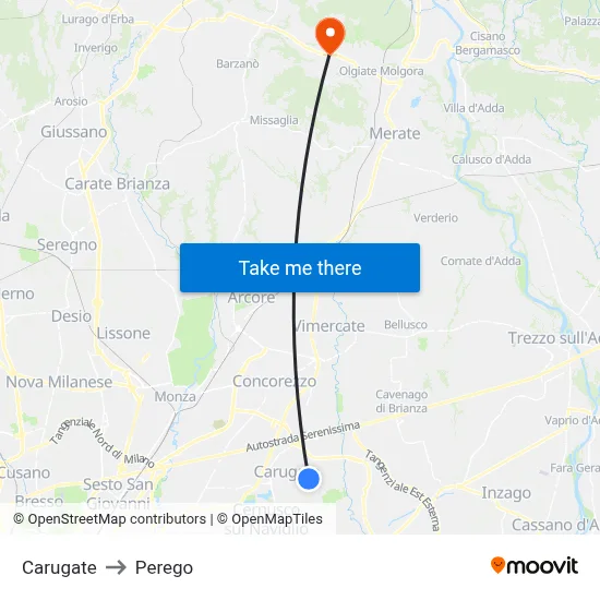Carugate to Perego map