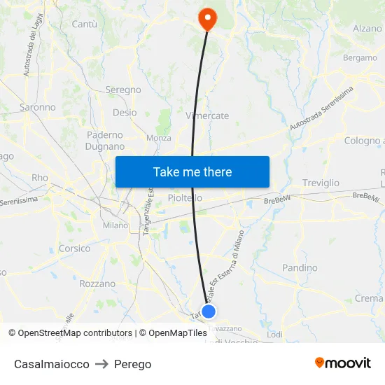 Casalmaiocco to Perego map