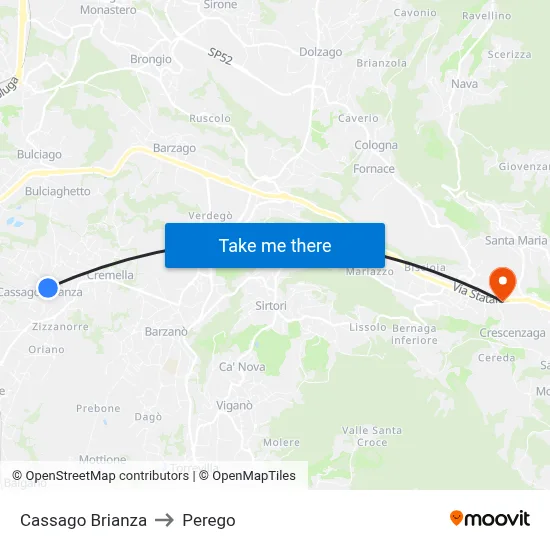 Cassago Brianza to Perego map