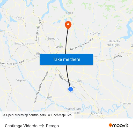Castiraga Vidardo to Perego map
