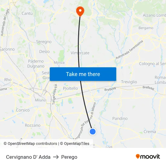 Cervignano d'Adda to Perego map