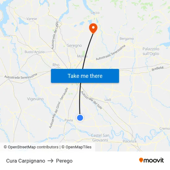 Cura Carpignano to Perego map